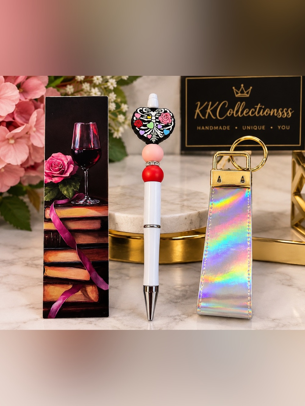 Iridescent Holographic Key Fob with Pink & Red Bead Pen